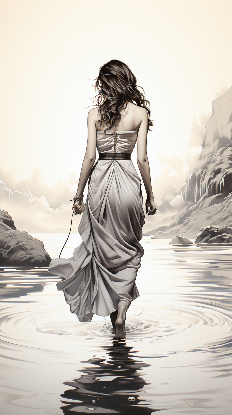 Graceful Maiden in Sun Dress Walking in Water