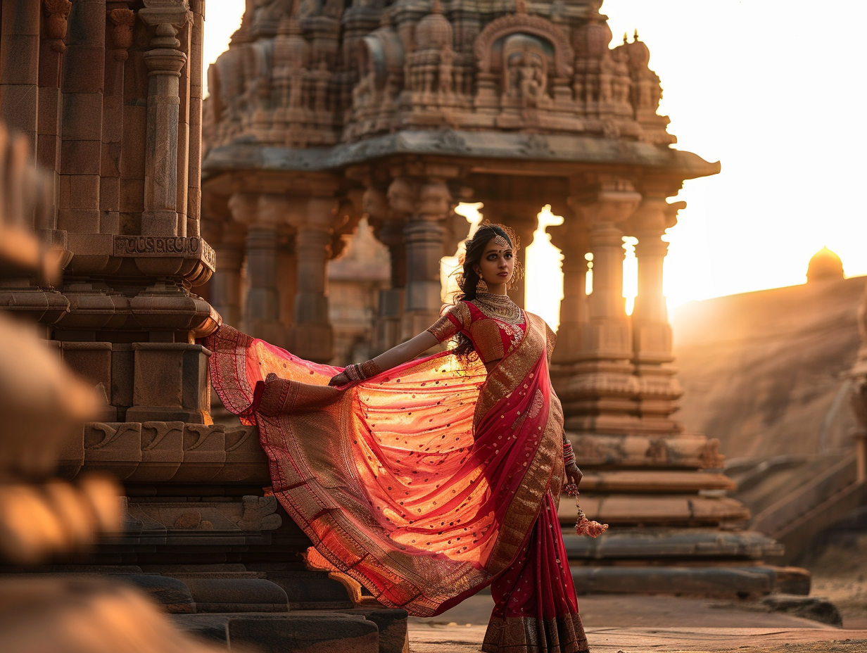 Graceful Woman in Red and Gold Saree at Temple