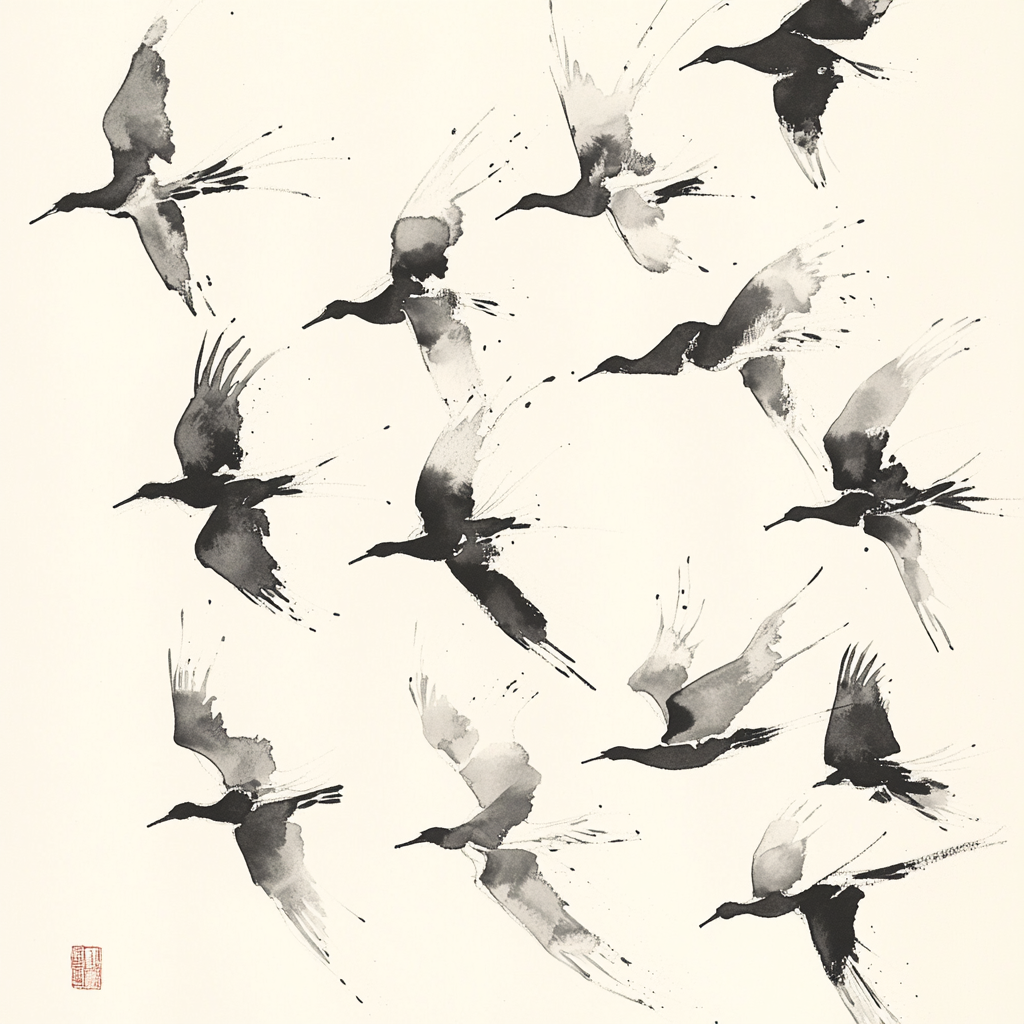 Graceful birds in minimalistic black and white flight