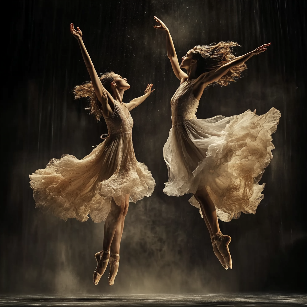 Graceful dancers in synchronized jump - mesmerizing performance.