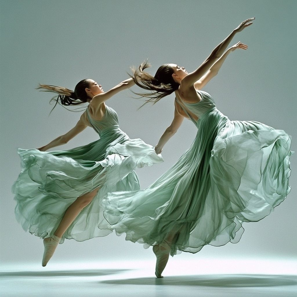 Graceful dancers perform synchronized jump in blue-green costumes.