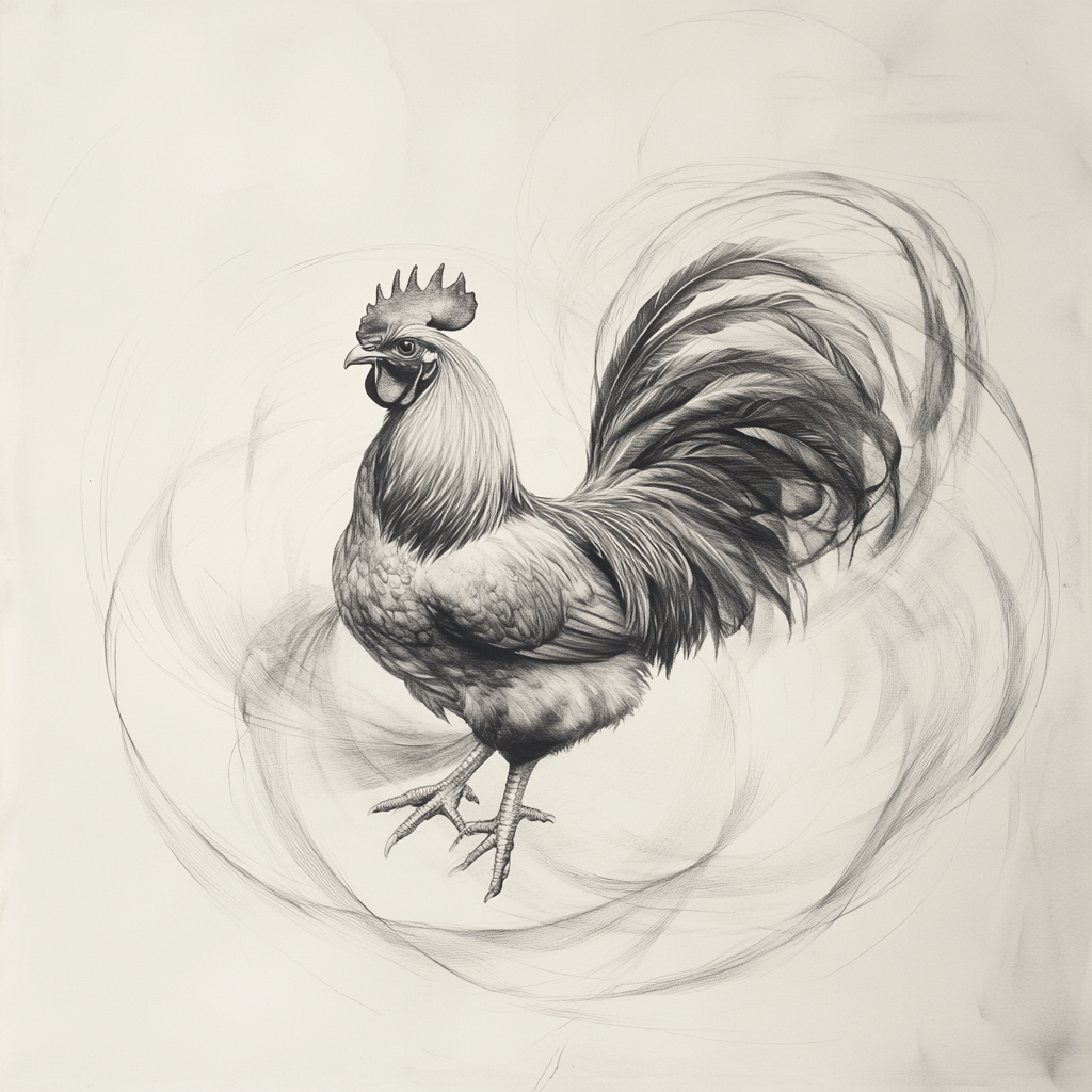 Graceful rooster mid-strut, expressive pencil drawing.