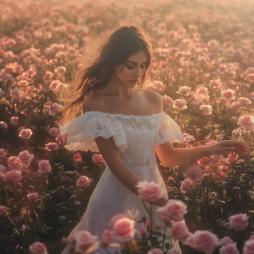 Graceful woman in vast rose field at dawn 