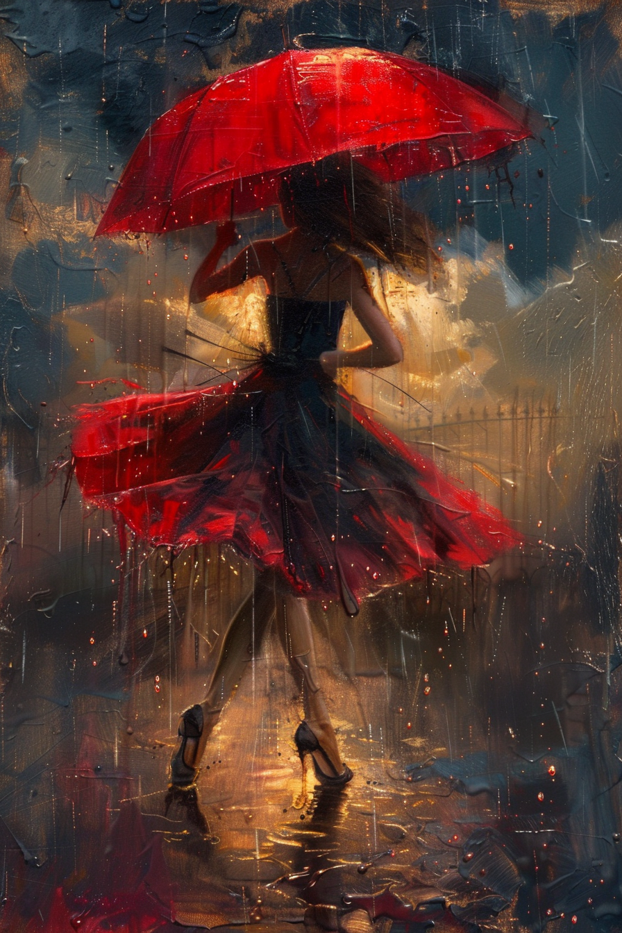 Graceful woman twirling with vibrant red umbrella in rain.