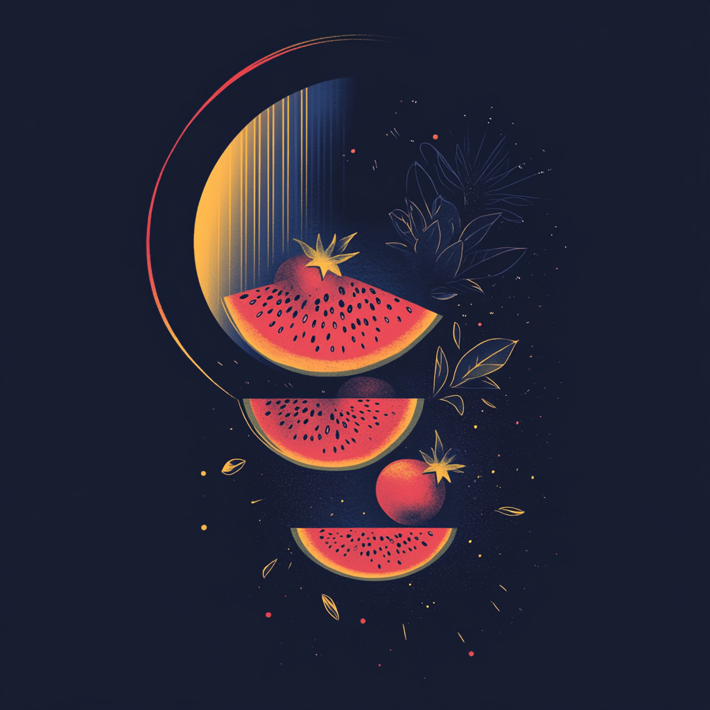 Gradient background from black to deep blue. Visual elements: pomegranate seeds, watermelon slices. Glow shape adds depth.