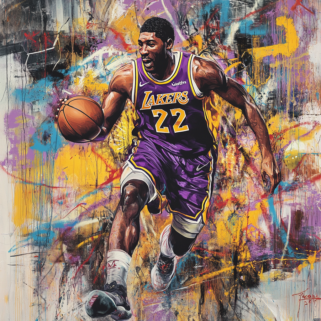 Graffiti mural of Magic Johnson in Lakers jersey.