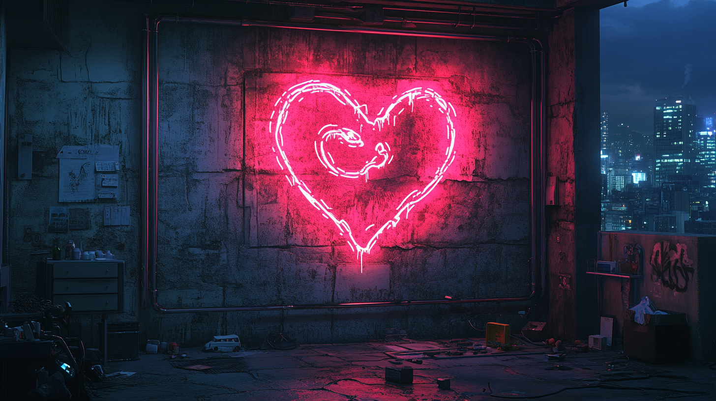 Graffiti of snakes forming heart, neon lights, concrete wall.