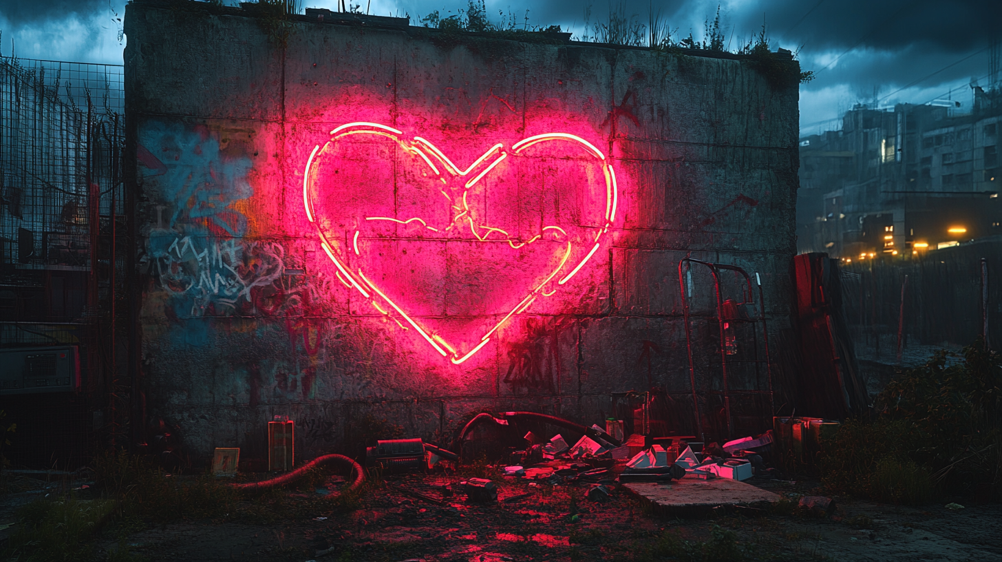 Graffiti of snakes forming heart border on concrete wall.