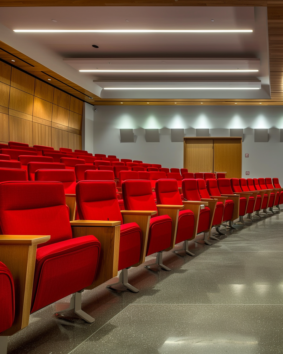 Grand Auditorium with Clean Red Chairs in Perfect Rows