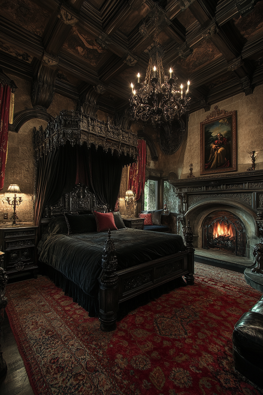 Grand Gothic bedroom with rich, dark velvet details.