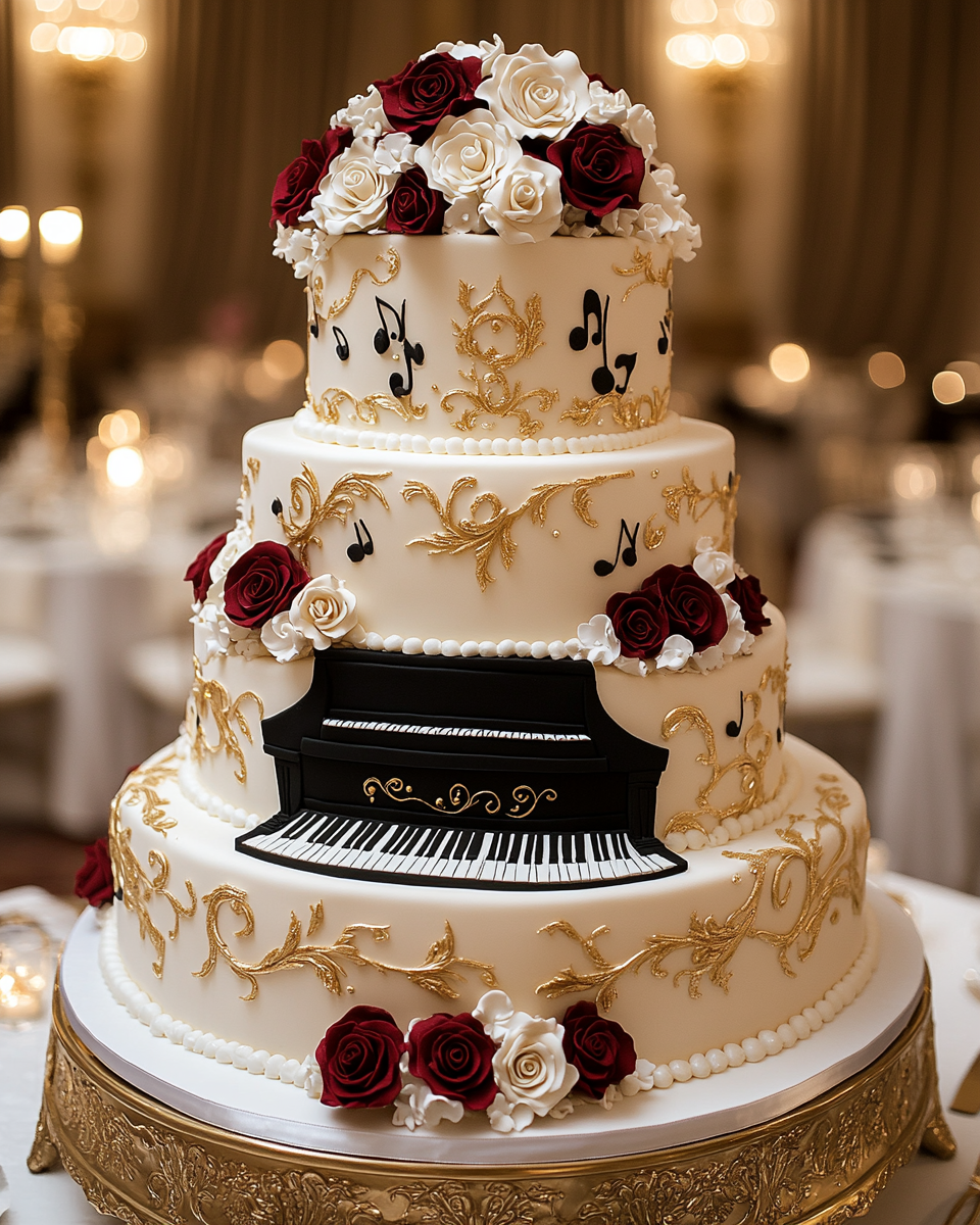 Grand Piano Wedding Cake with Elegant Decor