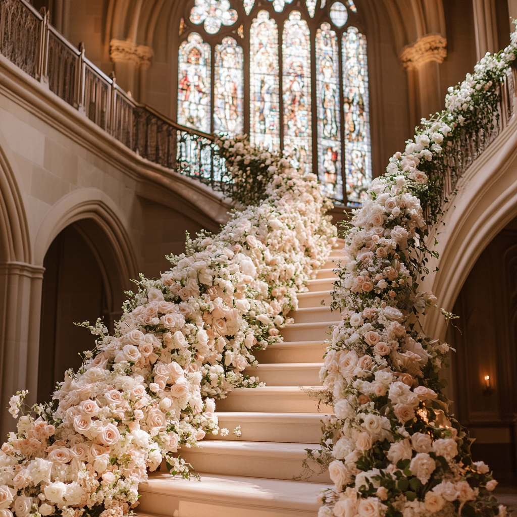 Grand Wedding Scene on Curved Staircase