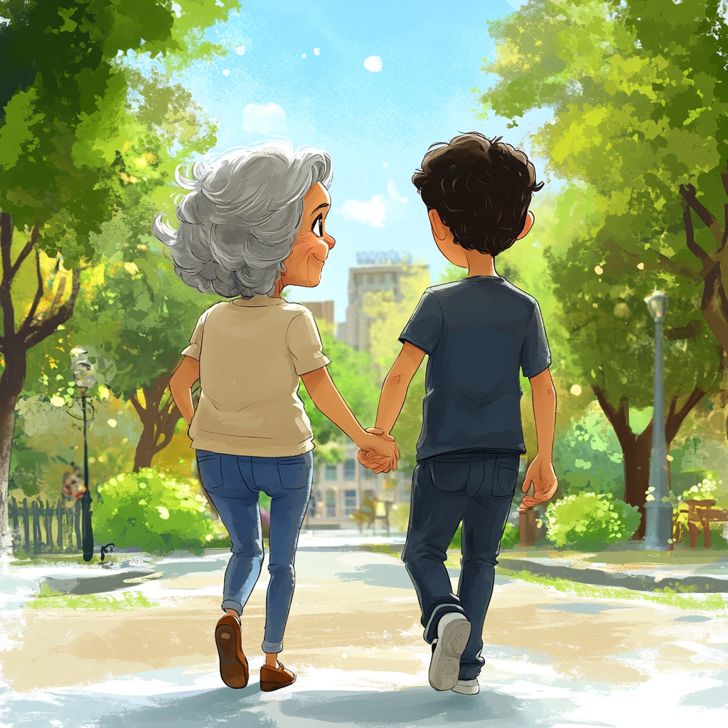 Grandma and grandson happily holding hands in park stroll.