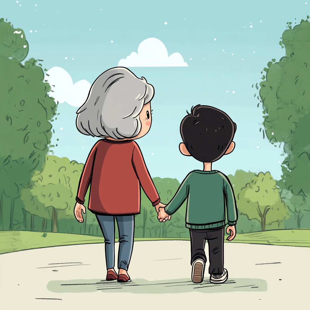 Grandma and grandson walking in park holding hands happily.