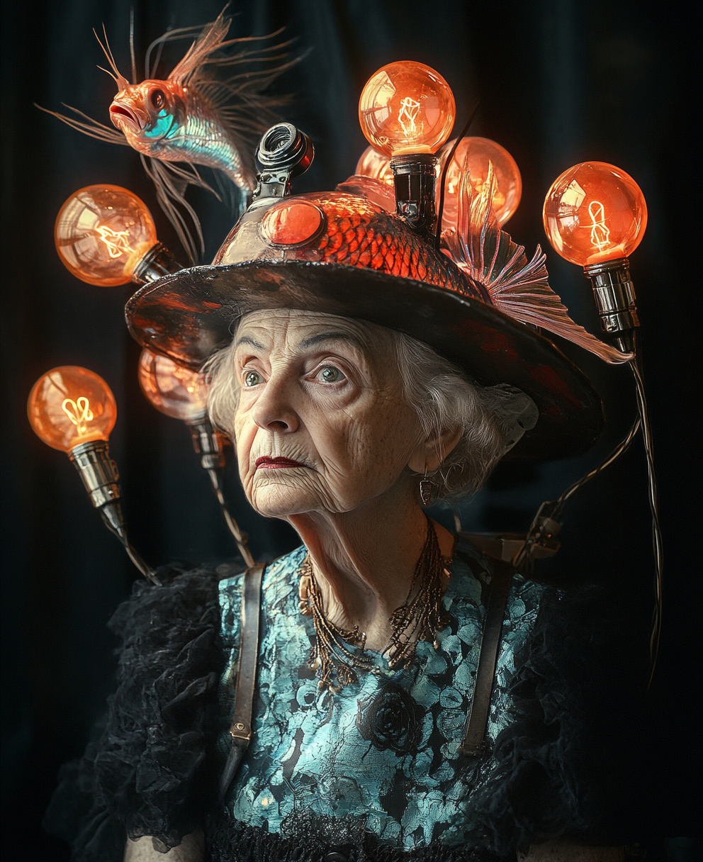 Grandma in tank hat and fish dress with bulbs.