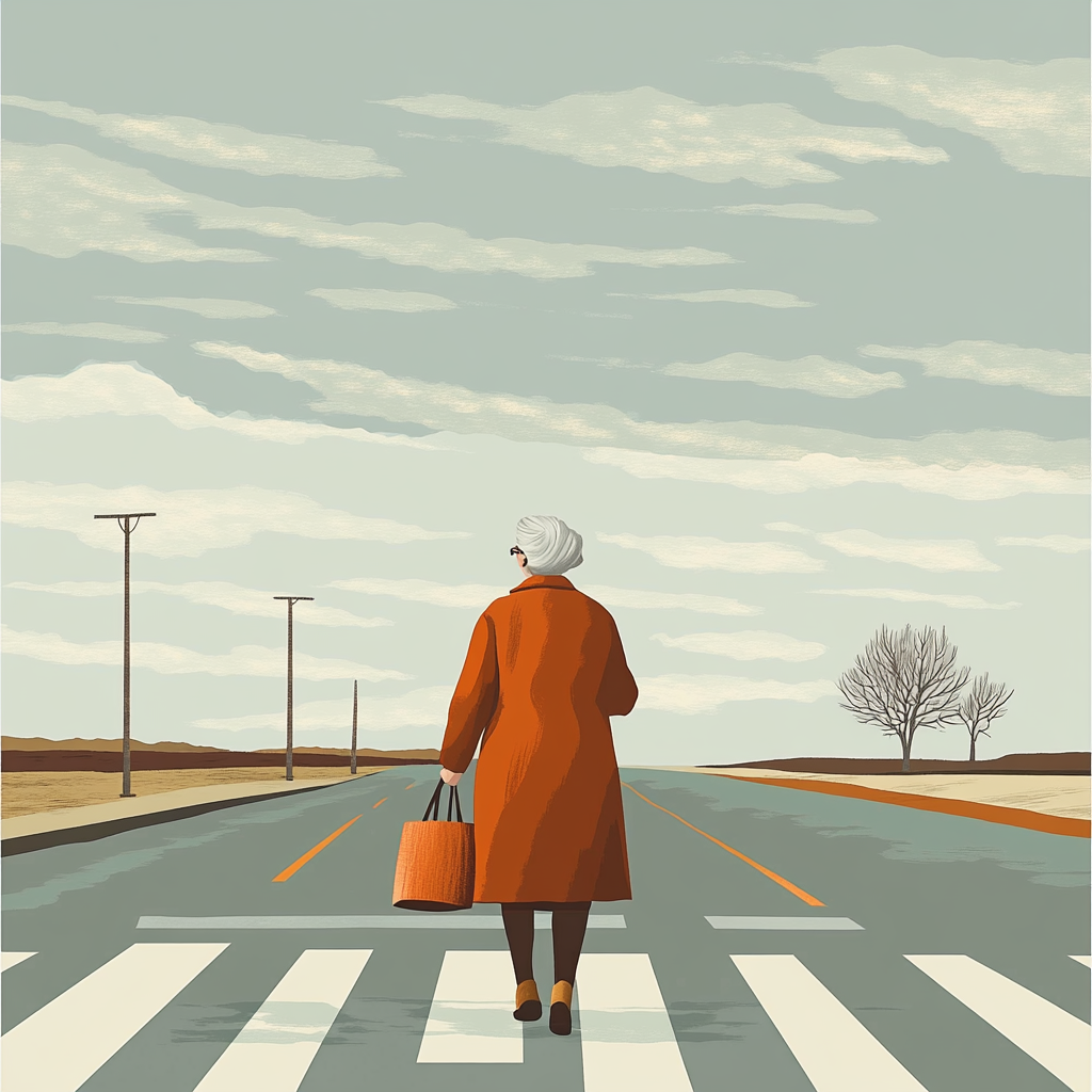 Grandma with Bag Crossing the Road in Art