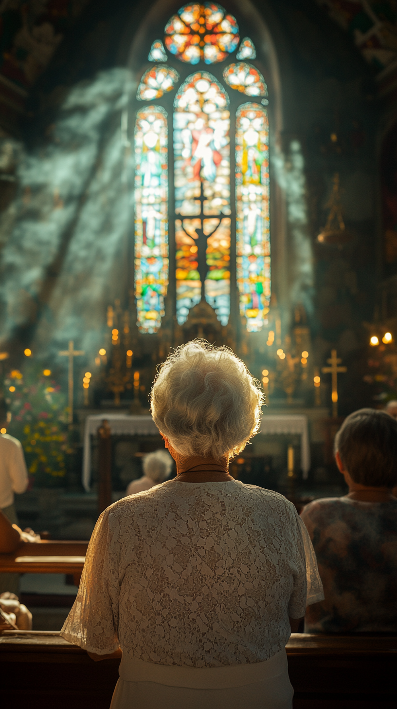 Grandmother Praying in Church Under Warm Sunlight