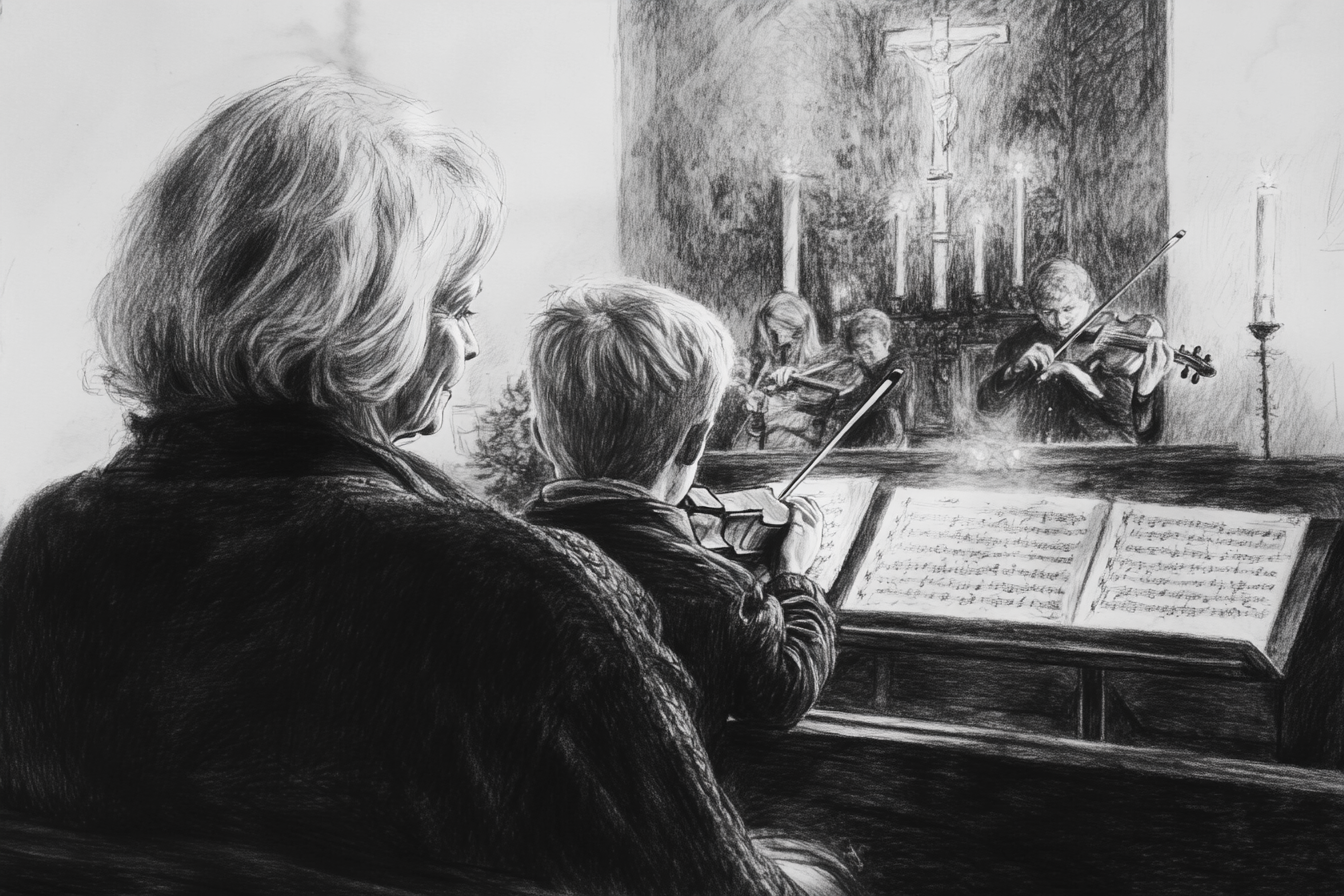 Grandmother and boy enjoy Christmas concert in church sketch