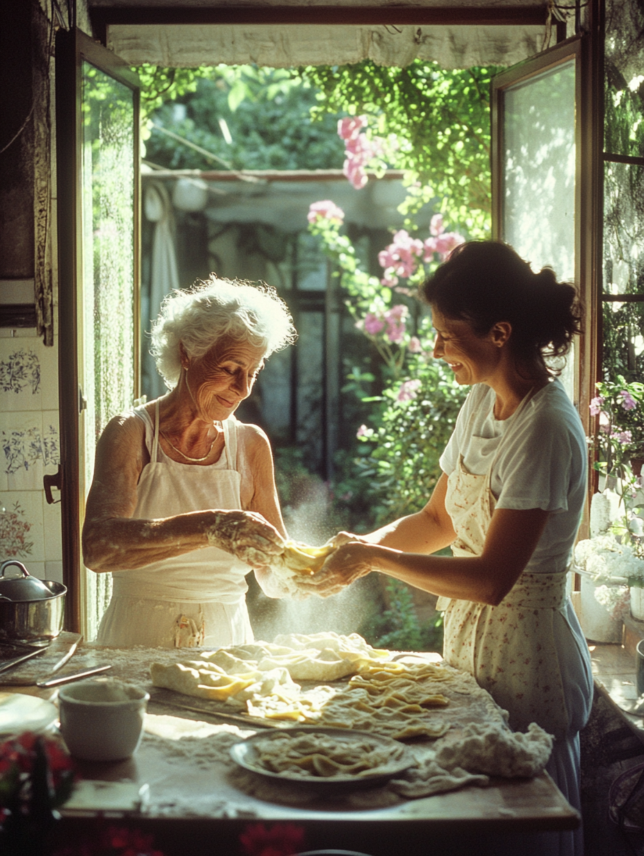 Grandmother and granddaughter make ravioli in sunny kitchen