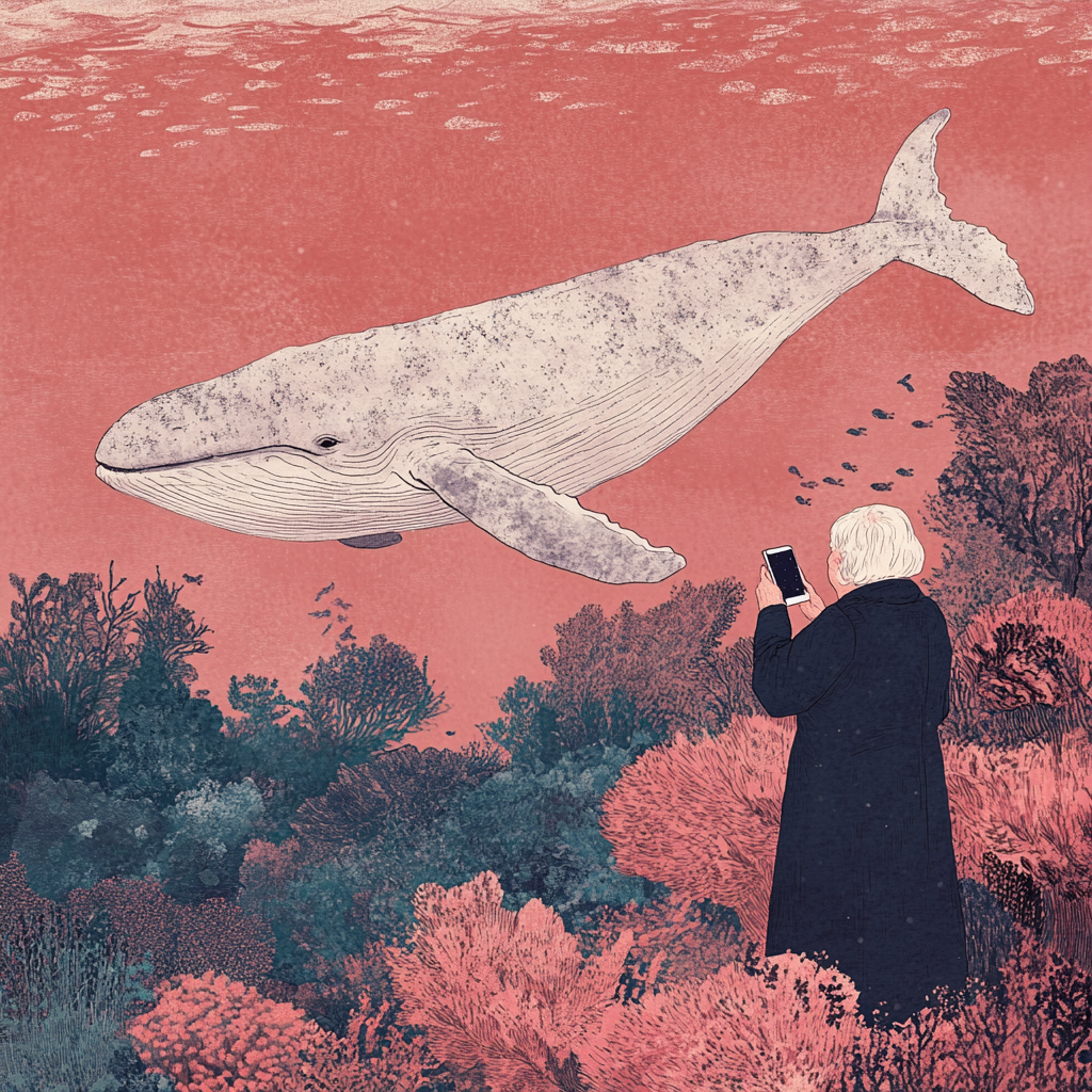 Grandmother talking on phone, whale in art image