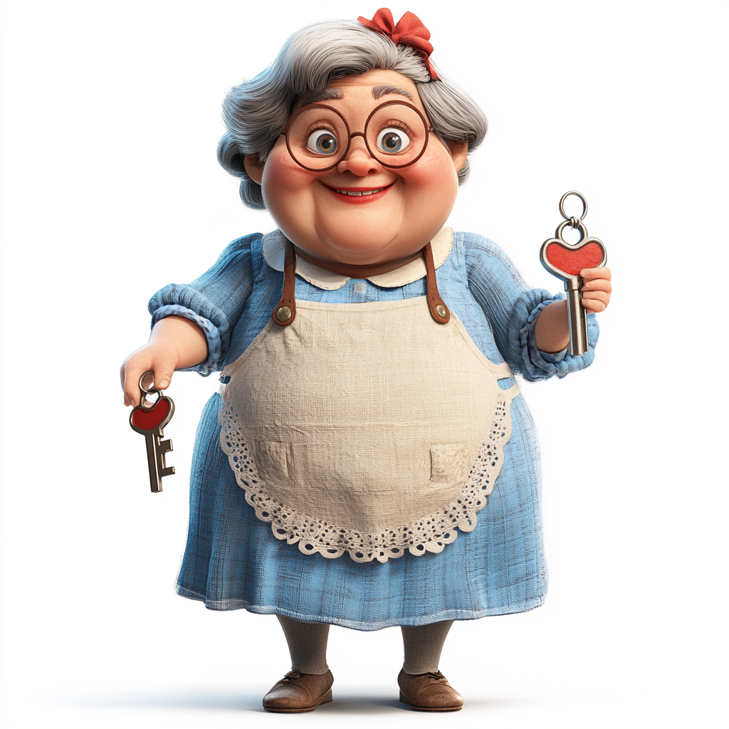 Grandmother with red and blue keys in apron.