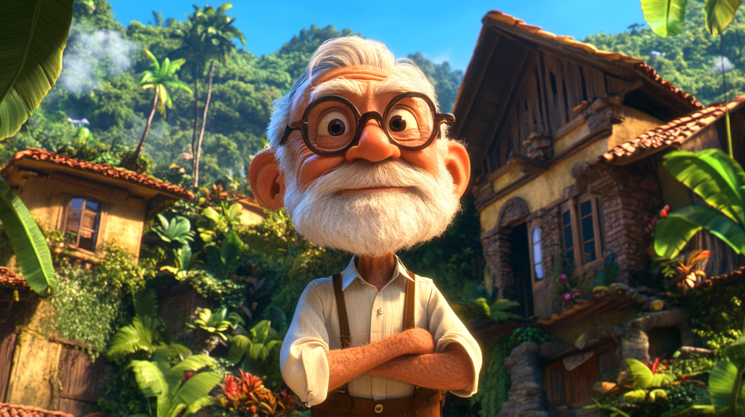 Grandpa waves, animals vanish, house restored ultra-realistic animation.