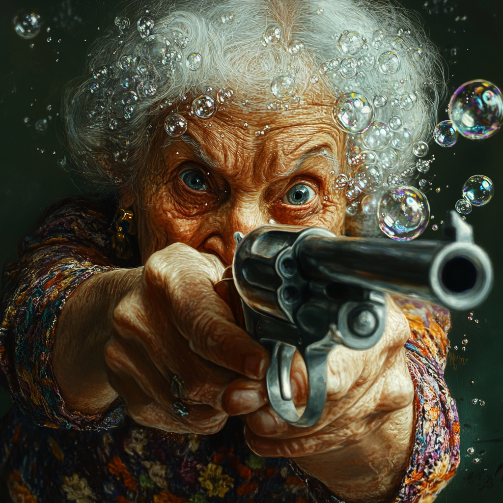 Granny Aiming Bubble Gun in Colorful Scene