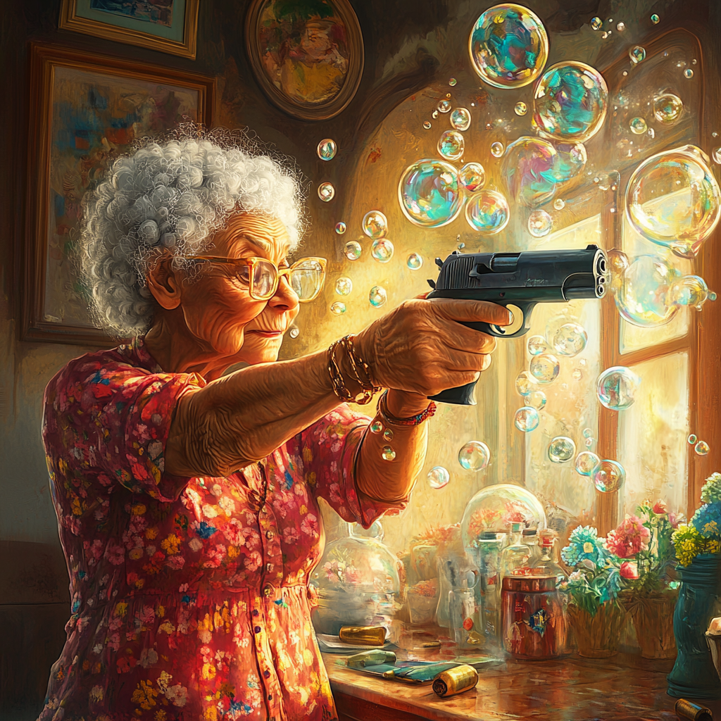 Granny Aiming Bubble Gun in Colorful Setting