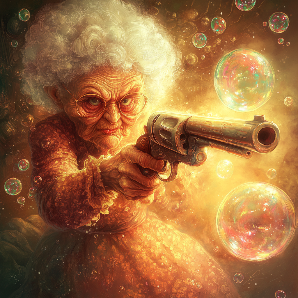 Granny Aiming Soap Bubble Gun in Colorful Setting