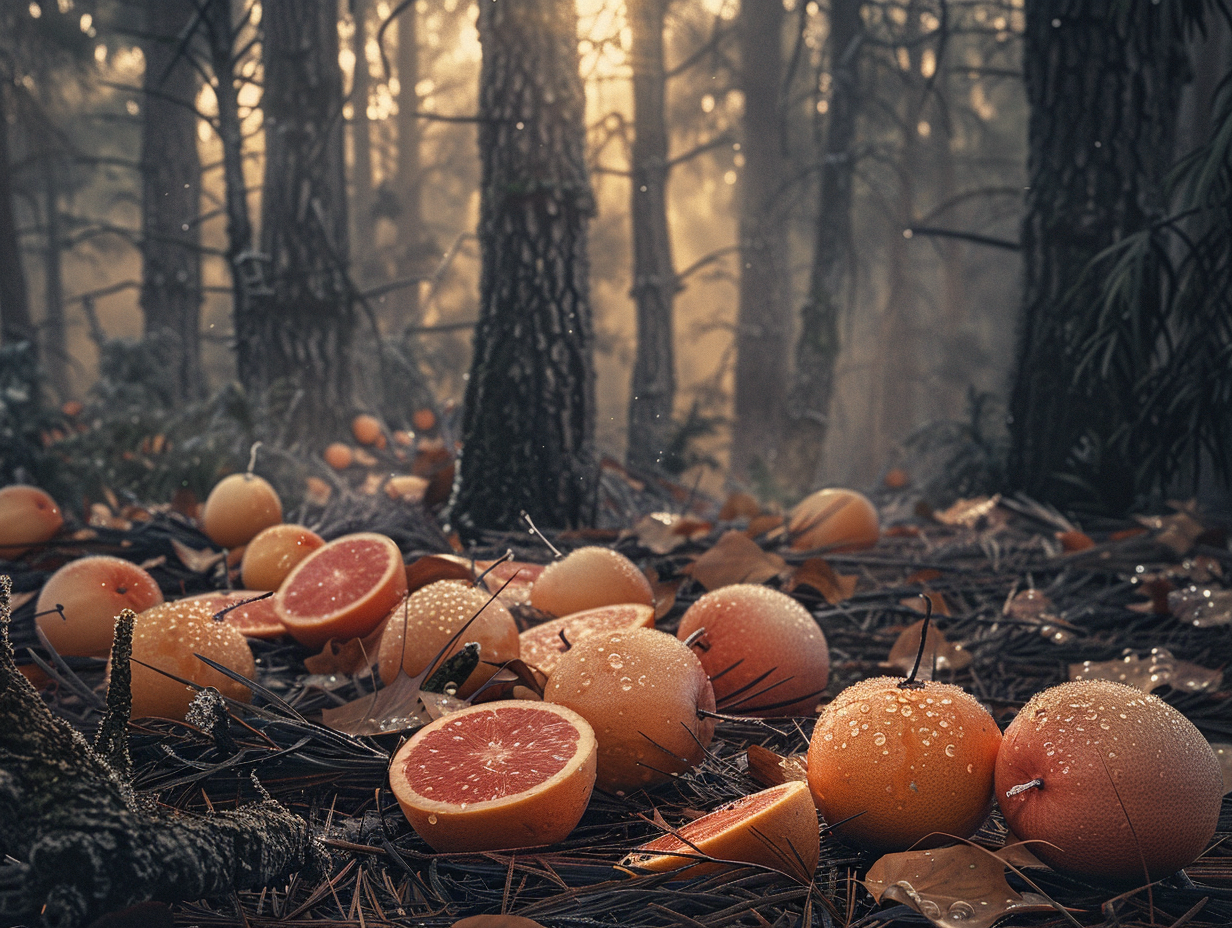 Grapefruits in Pine Forest on Cold Winter Morning