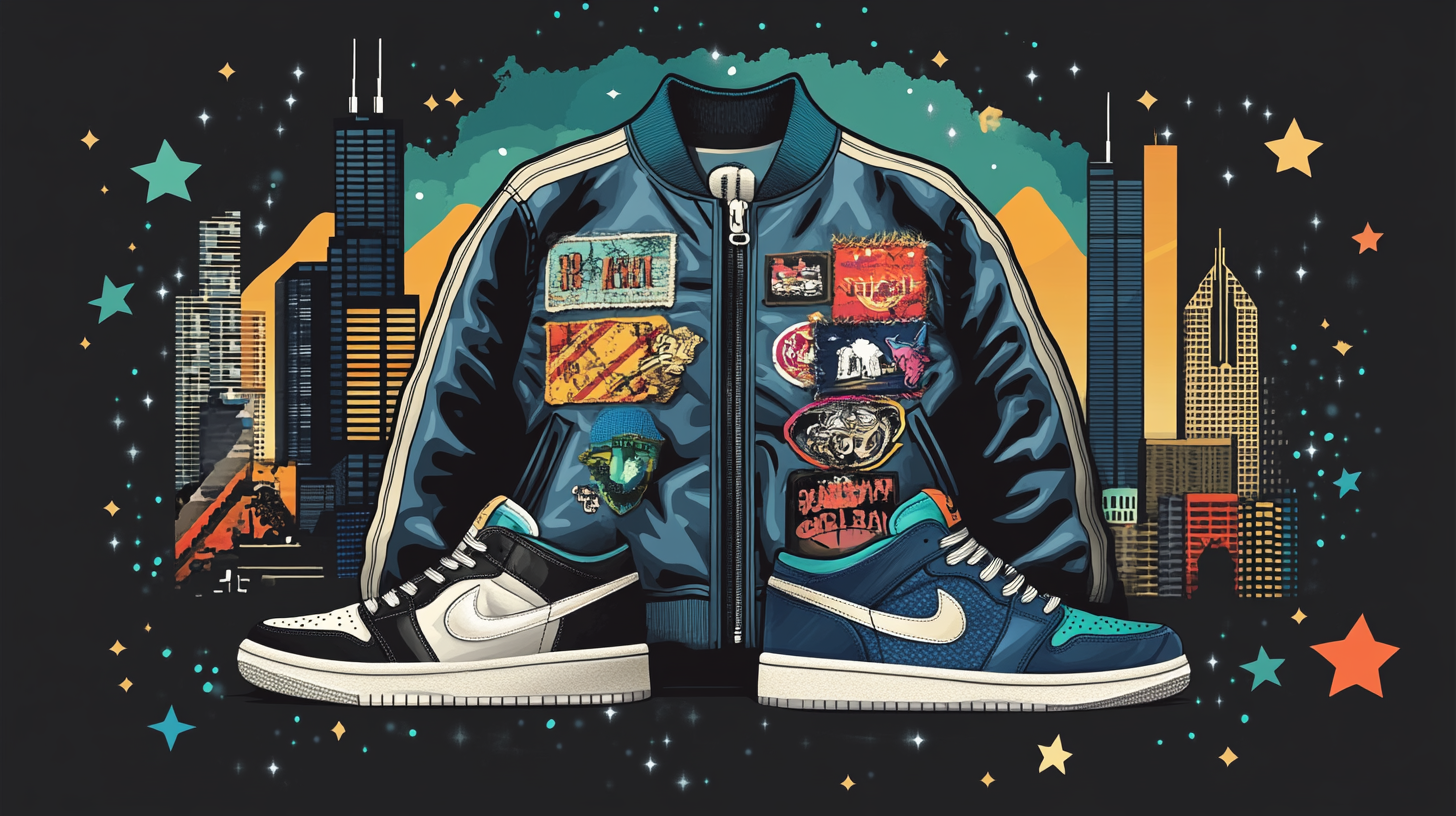 Graphic design of travel-sized Chicago theme with sneakers & patches.