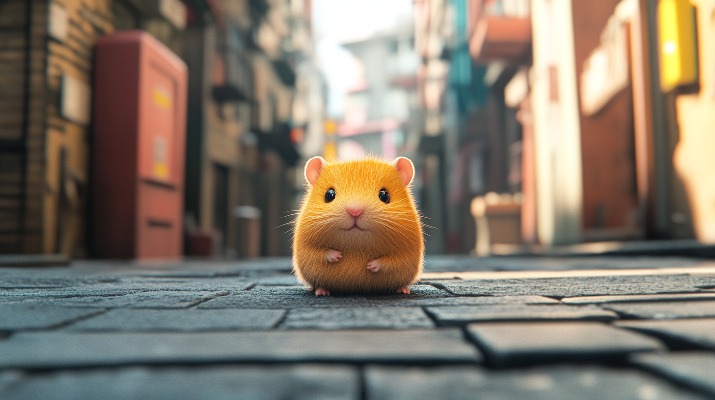 Graphic design with hamster in center, street backdrop.