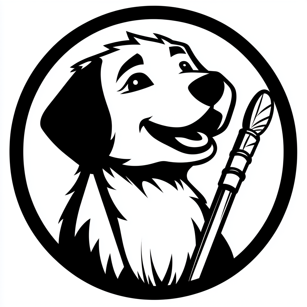 Graphic monochrome logo, circular, techy, silicon valley sleek. Silhouette of Snoopy dog and sherpa staff.