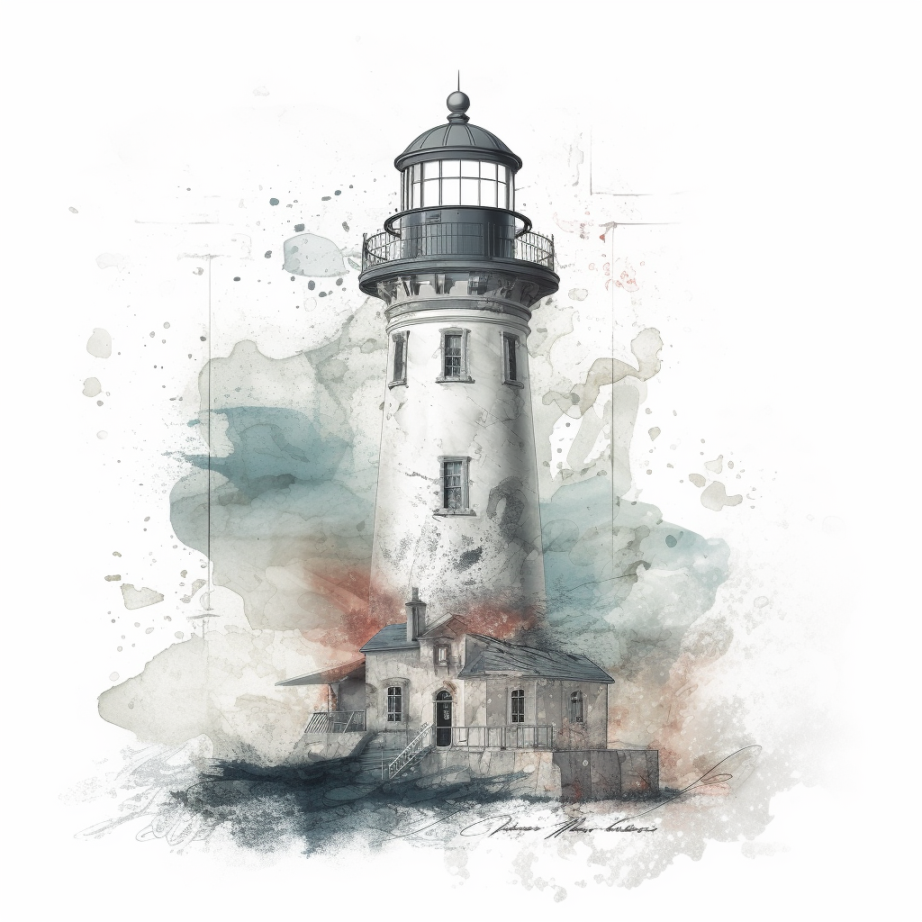 Graphic of classic lighthouse with intricate details, dramatic effects.