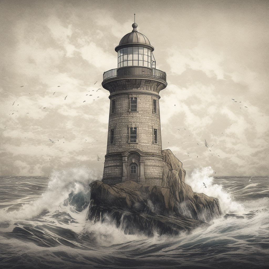 Graphic of detailed classic lighthouse with dramatic effects.