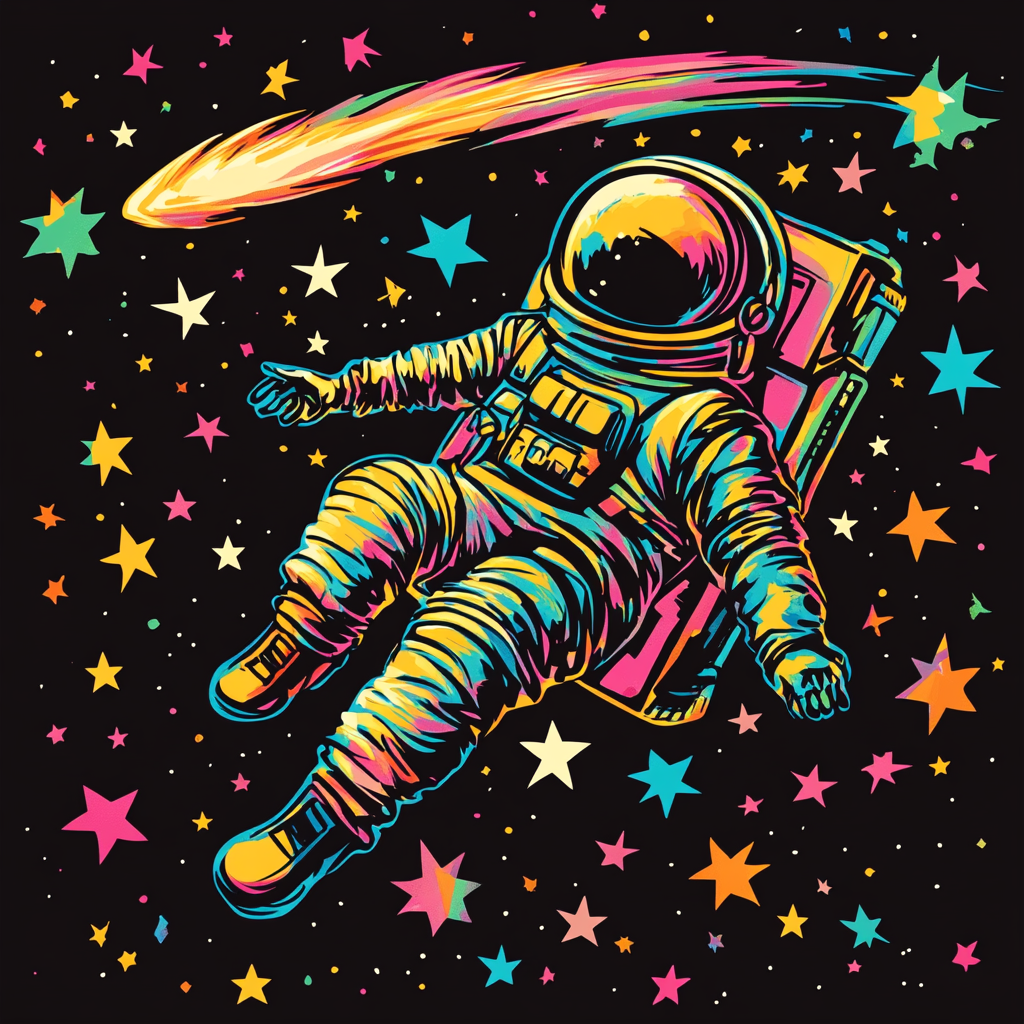 Graphic with stars, shooting star, space lady astronaut.