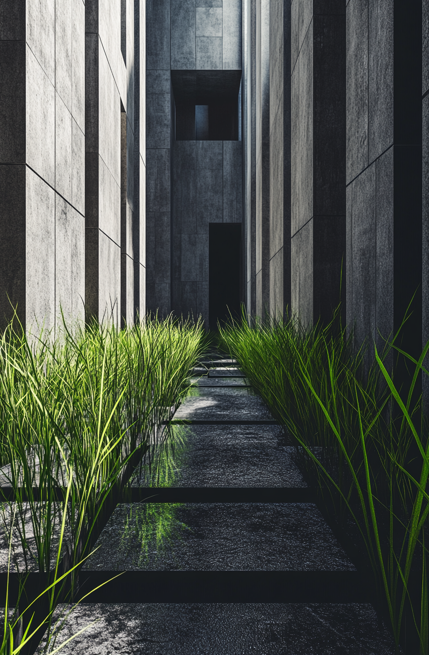 Grass growing in modern building foundation, unreal design.