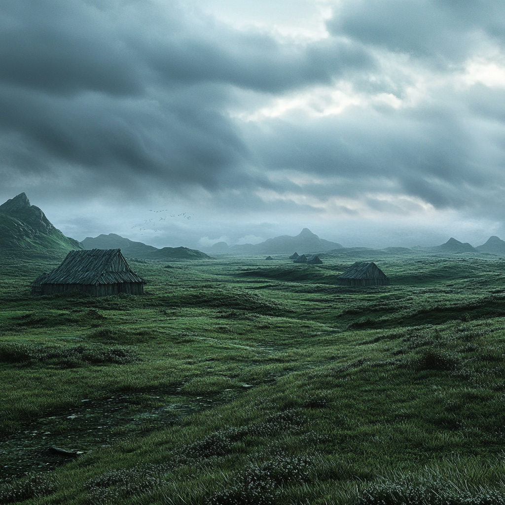 Grassy landscape in a cinematic dark fantasy world.