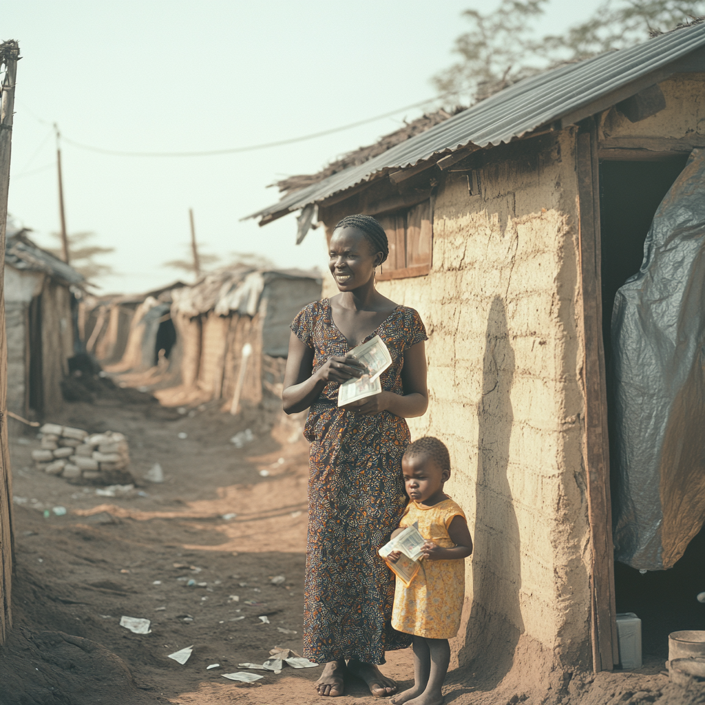 Grateful African Woman Holds Money Near Simple Hut