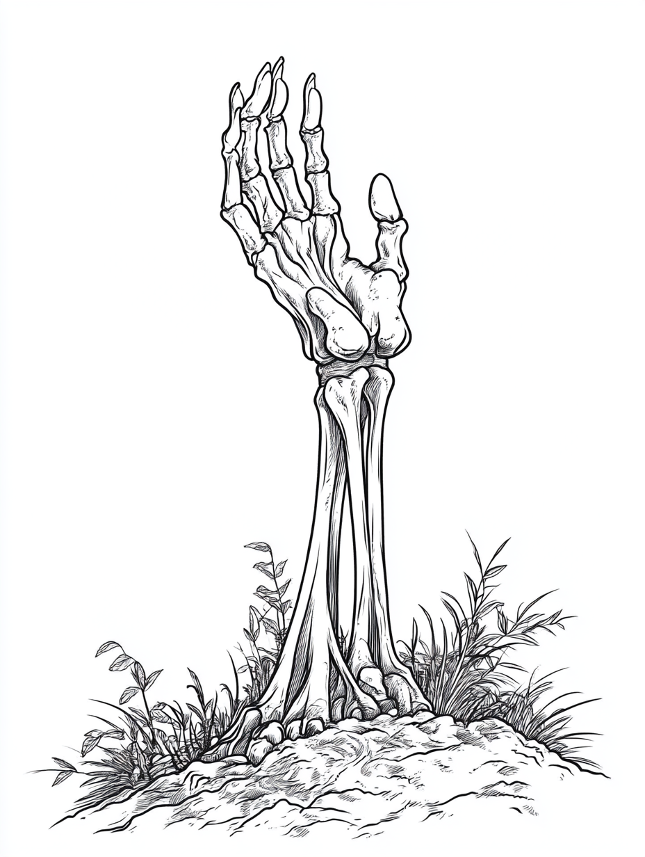 Grave hand reaching, simple black lines, raw style.