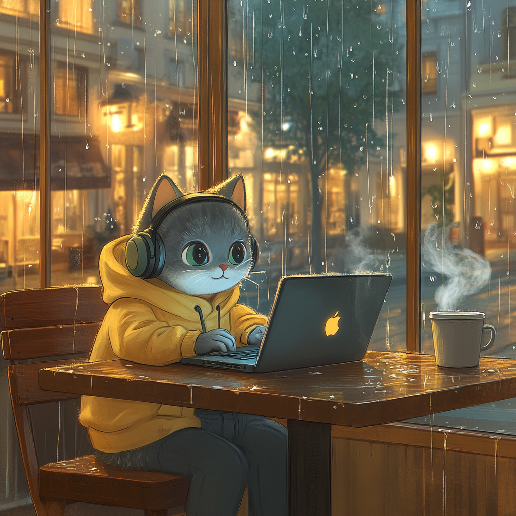 Gray Munchkin cat works on laptop in cozy café.