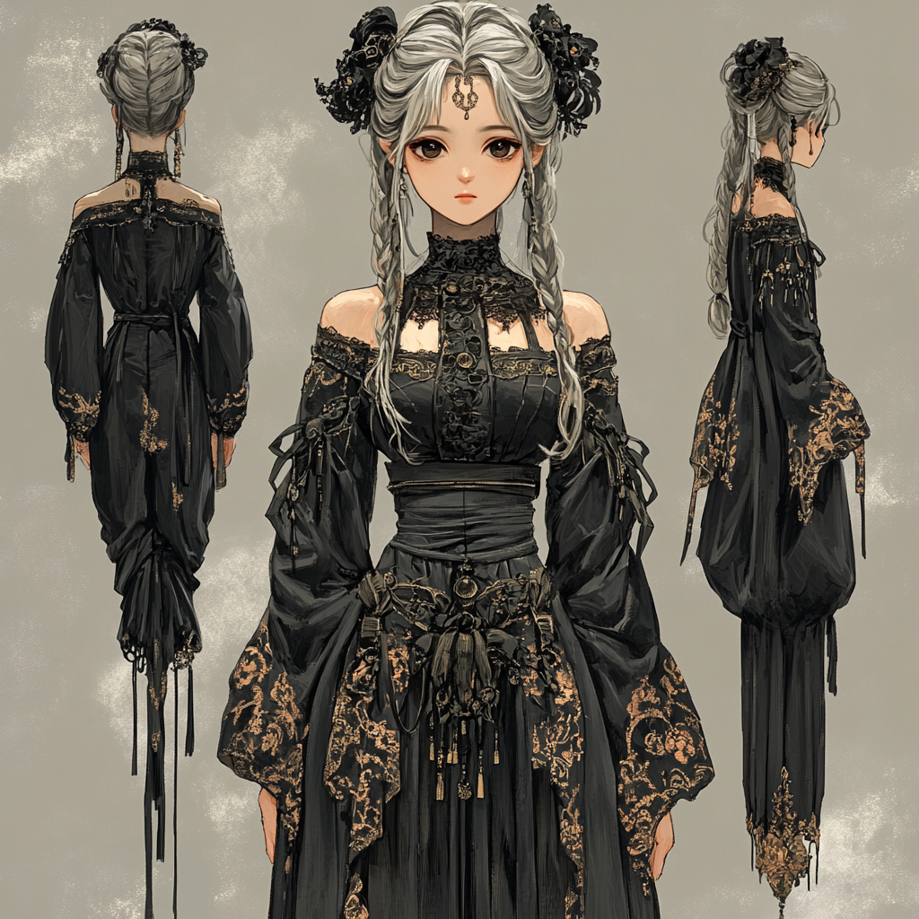 Gray hair, black eyes, baroque-inspired, detailed design.