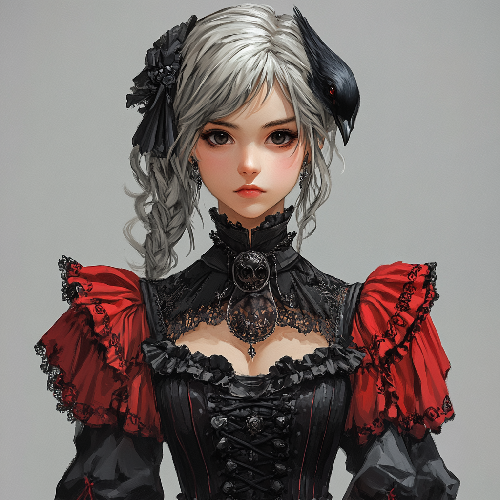 Gray-haired Japanese girl personifying a gray magpie in black.