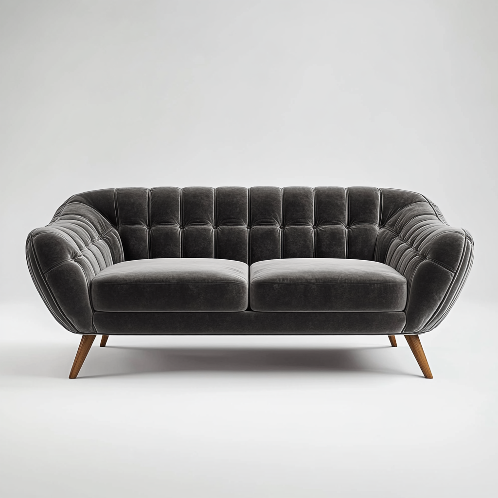 Gray velvet fabric sofa with wooden legs, front view.