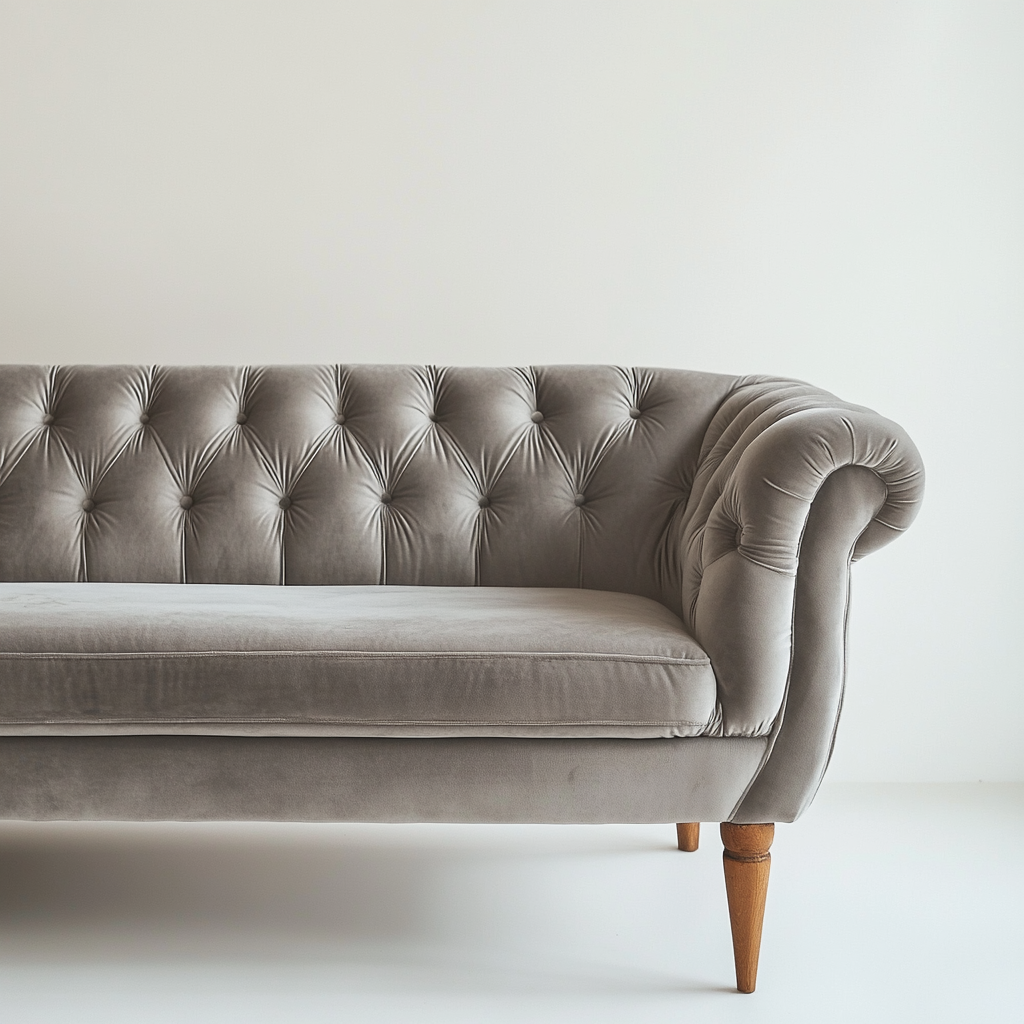 Gray velvet sofa with wooden legs, white background photograph.