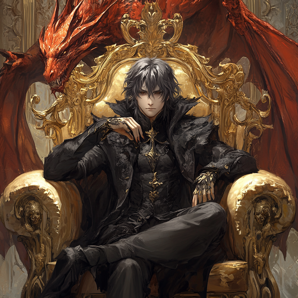 Graz'zt sitting on gold throne with demonic red dragon.