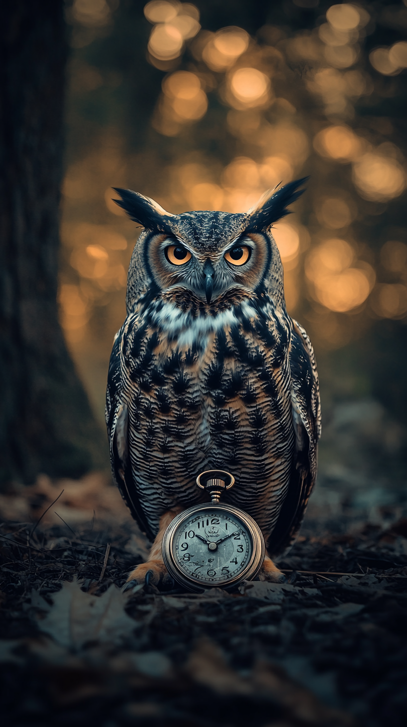 Great horn owl with eyes open and a pocket watch.