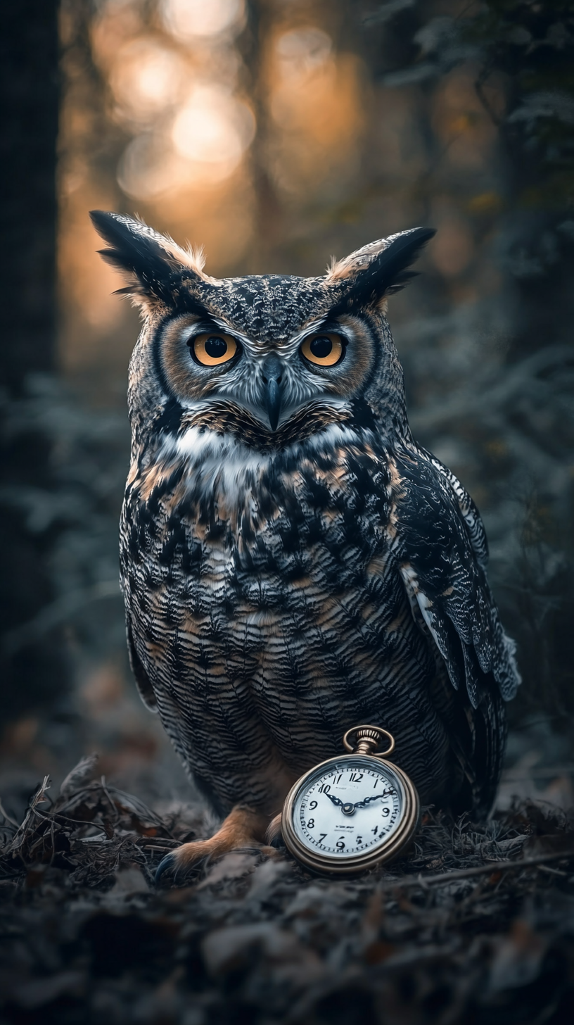 Great horn owl with open eyes standing near old watch.