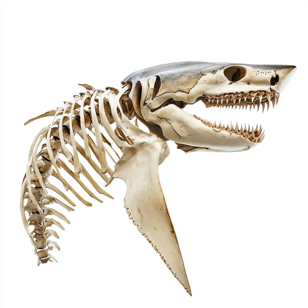 Great white shark skeleton with open mouth biting view