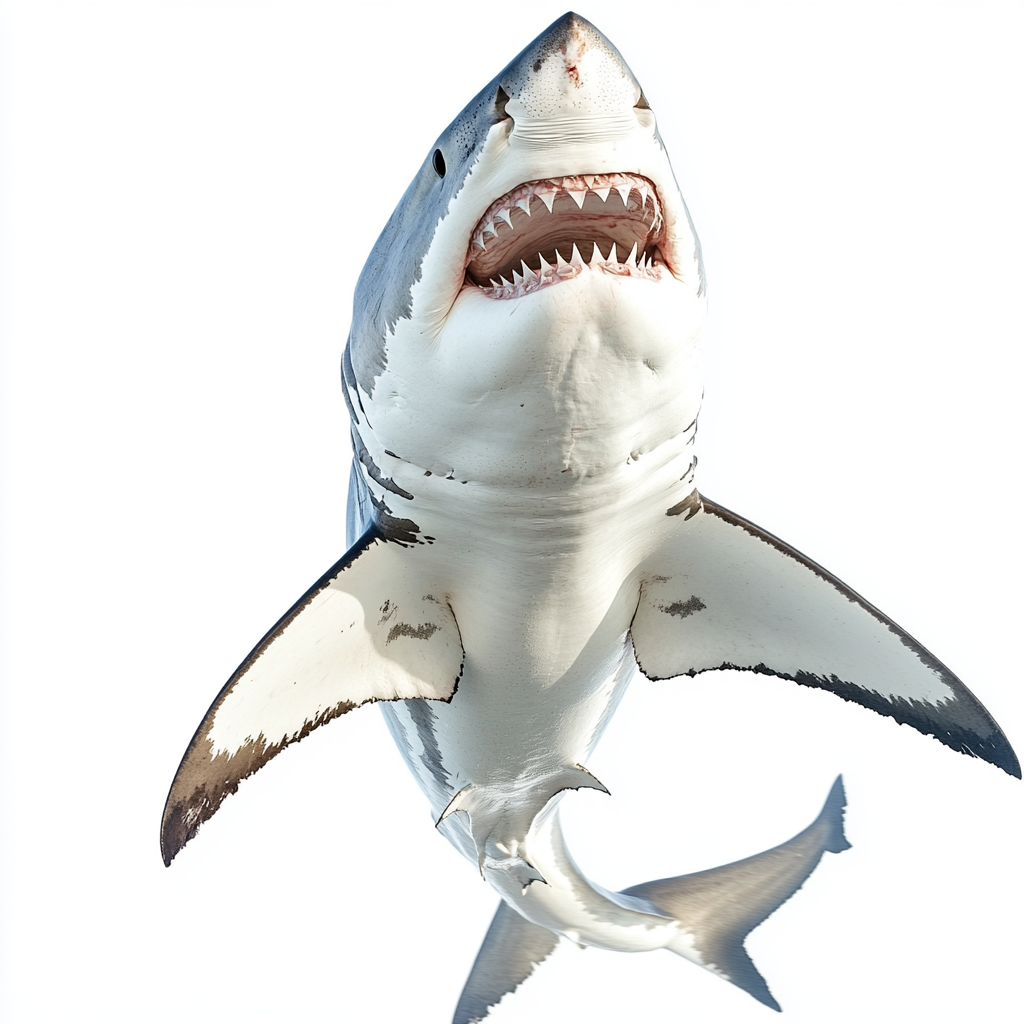 Great white shark with open mouth, tail focus.